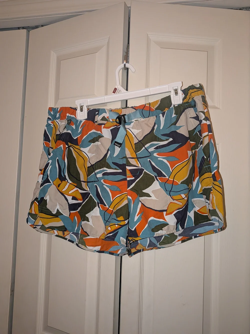 REI Multicolor Leaf-Print Athletic Shorts — Teal, Orange, Mustard, Olive, White